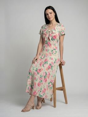 QPS Opaque Ecru Green Red and White Tearose Maxi Dress- Size: 16. Vintage- 1970s